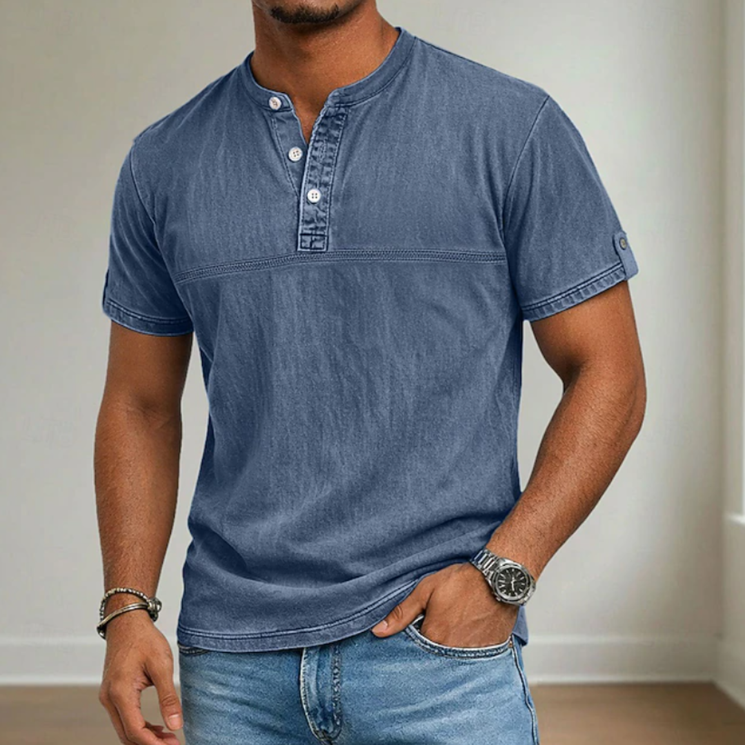 Men’s stand collar short sleeve Henley shirt with modern relaxed summer fit.