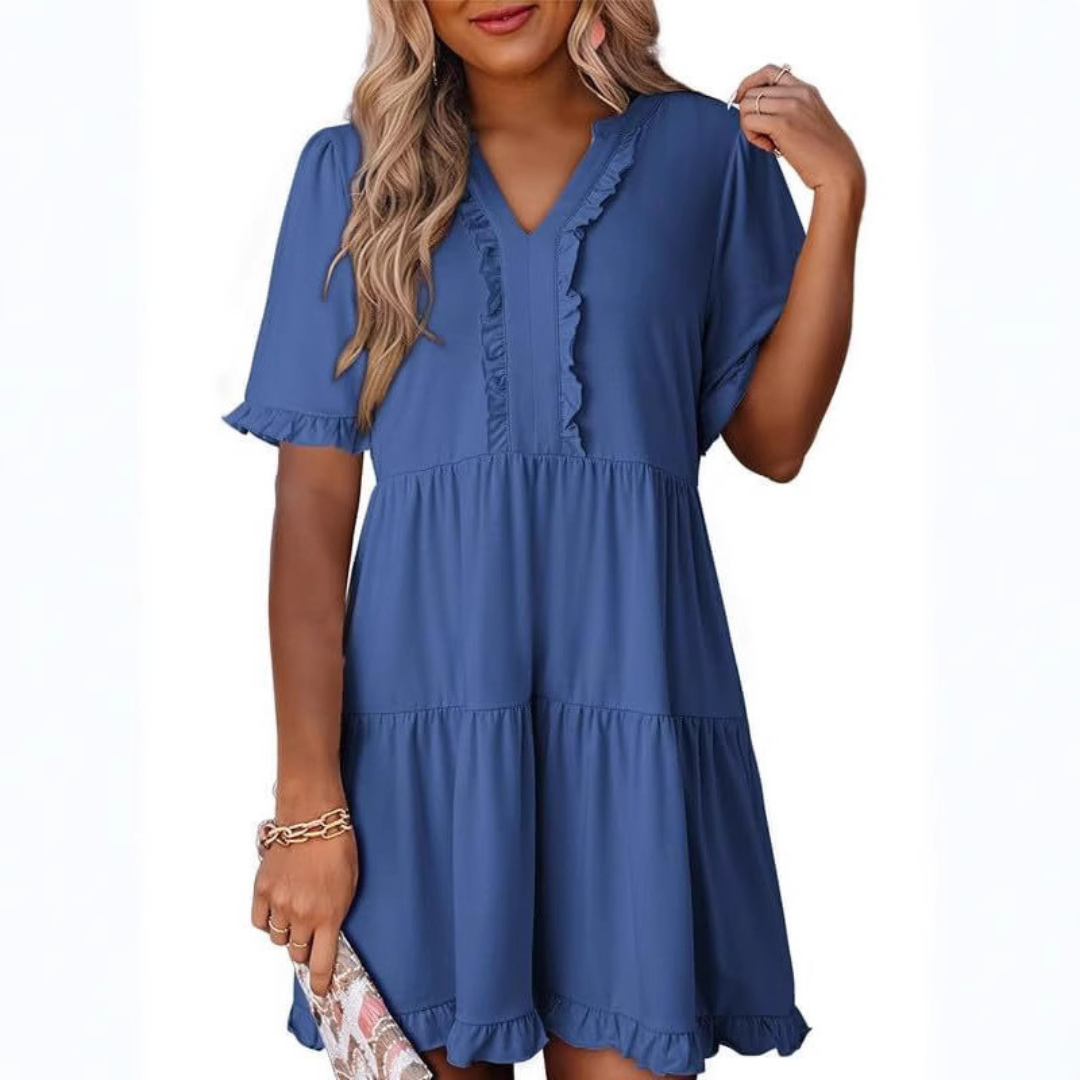 Women’s casual V-neck mini dress with relaxed fit and simple timeless design.