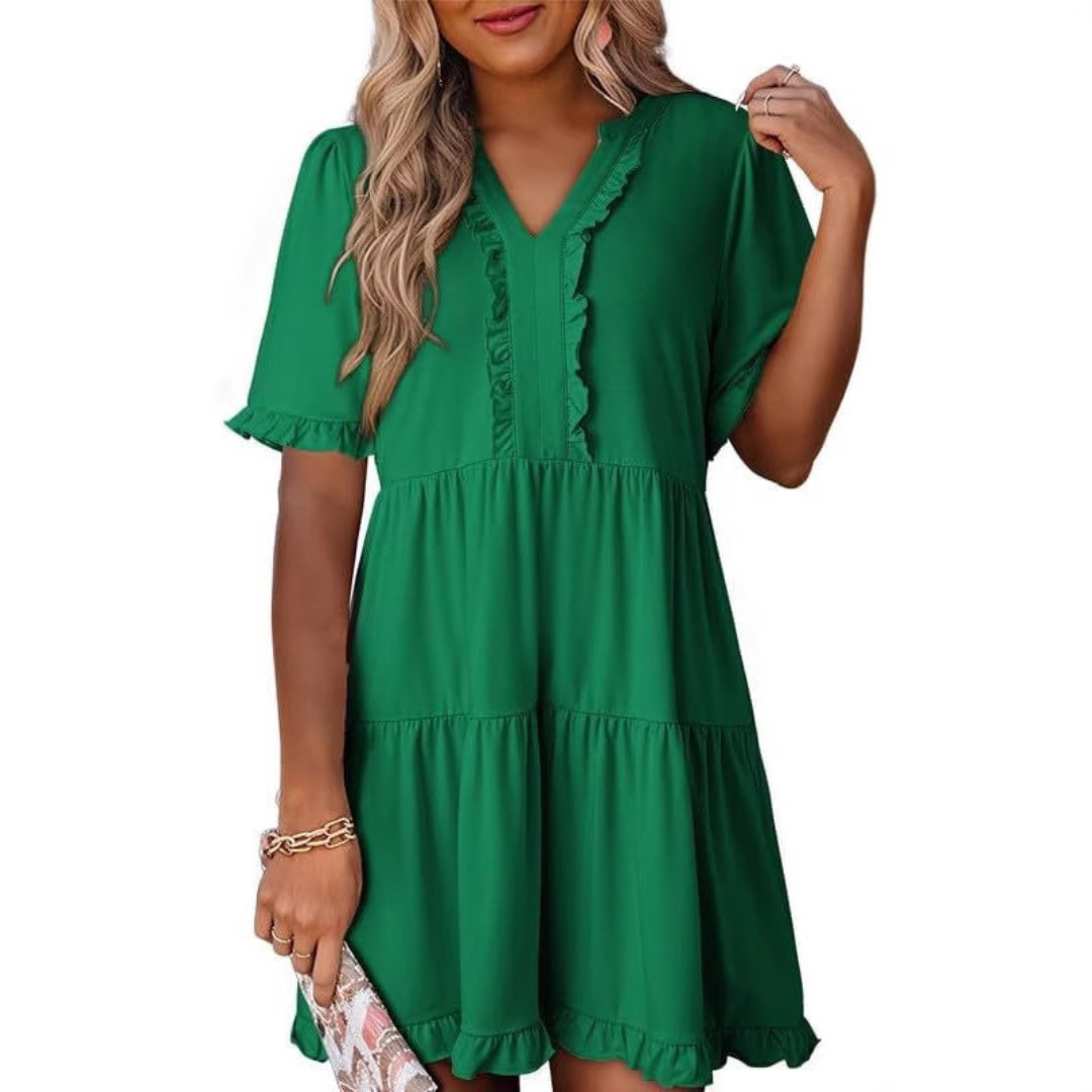 Women’s casual V-neck mini dress with relaxed fit and simple timeless design.