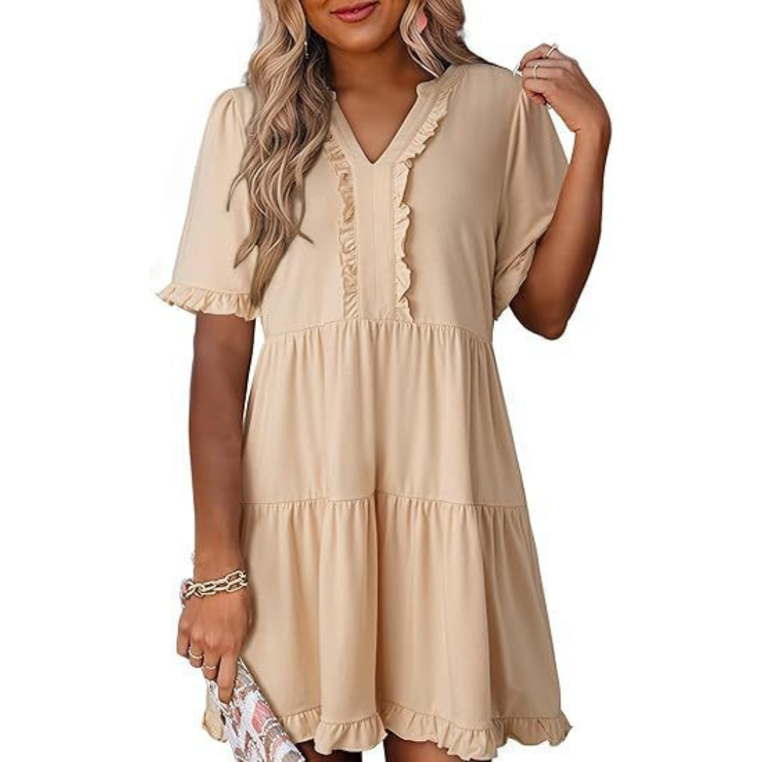 Women’s casual V-neck mini dress with relaxed fit and simple timeless design.