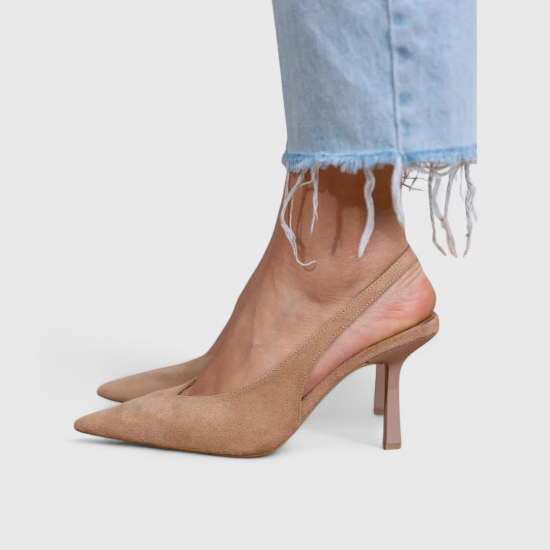 Women’s beige leopard print slingback heels with pointed toe and slim heel designed for stylish everyday outfits.