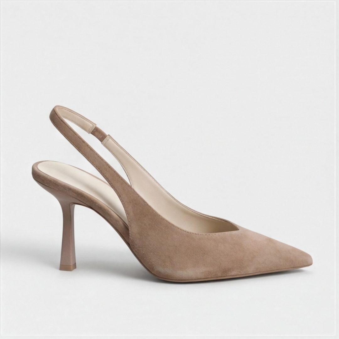 Women’s beige leopard print slingback heels with pointed toe and slim heel designed for stylish everyday outfits.