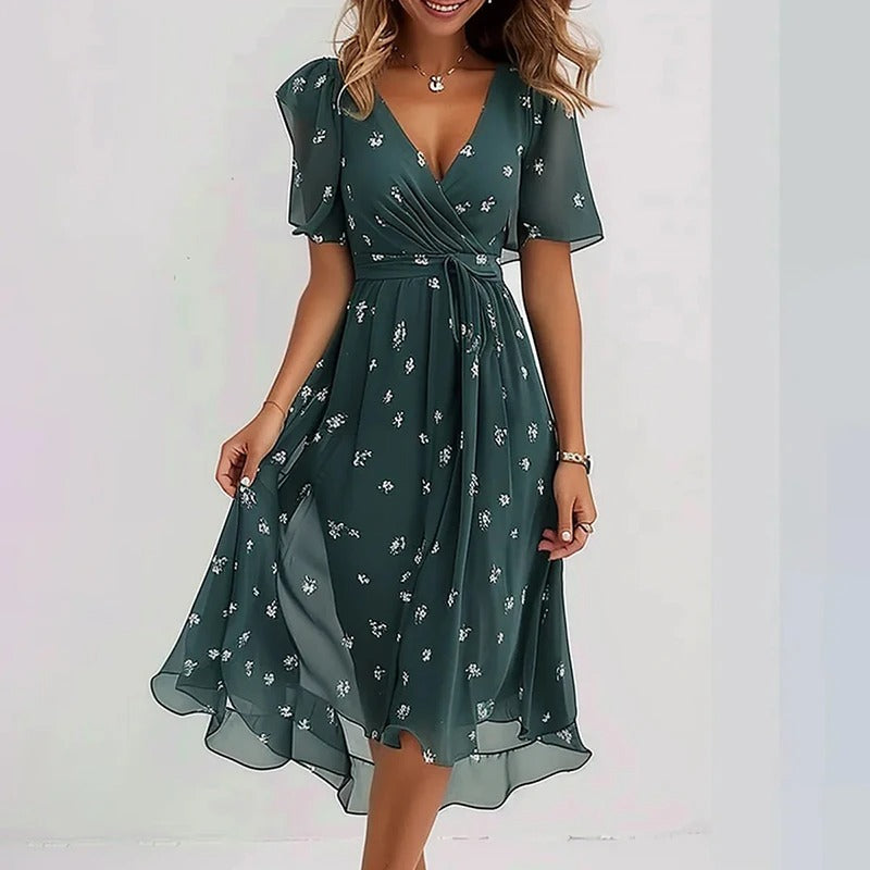 Women’s colourful flared dress with tailored silhouette, breathable fabric, and versatile styling for parties and daytime wear.