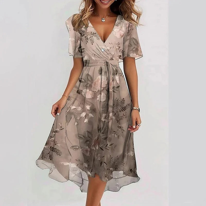 Women’s colourful flared dress with tailored silhouette, breathable fabric, and versatile styling for parties and daytime wear.