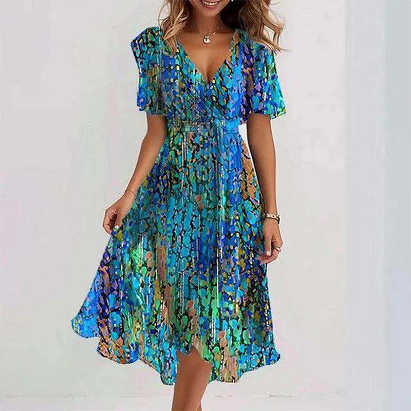 Women’s colourful flared dress with tailored silhouette, breathable fabric, and versatile styling for parties and daytime wear.