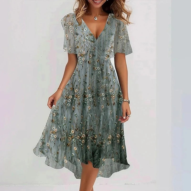 Women’s colourful flared dress with tailored silhouette, breathable fabric, and versatile styling for parties and daytime wear.