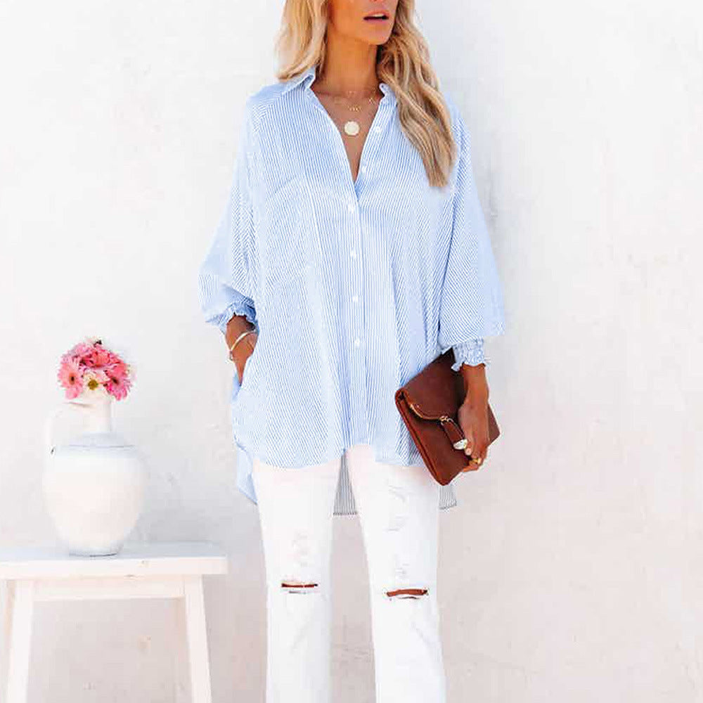 Women’s cotton blend button-up shirt with collar, relaxed fit, and lightweight fabric designed for comfortable everyday wear.