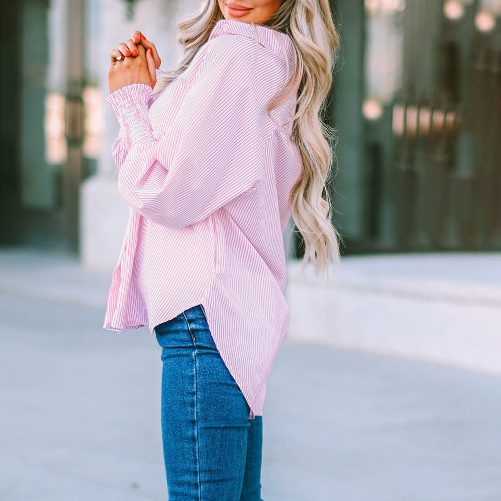 Women’s cotton blend button-up shirt with collar, relaxed fit, and lightweight fabric designed for comfortable everyday wear.