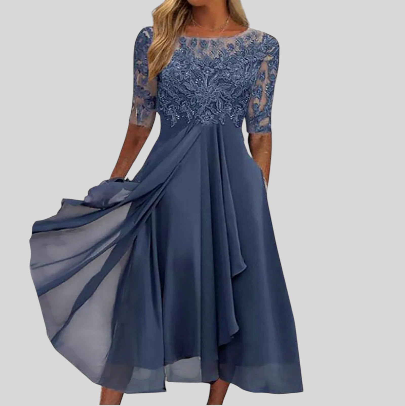 Women’s lace midi dress with A-line tummy-cover fit, 3/4 sleeves, and flowing skirt for comfort and timeless style.