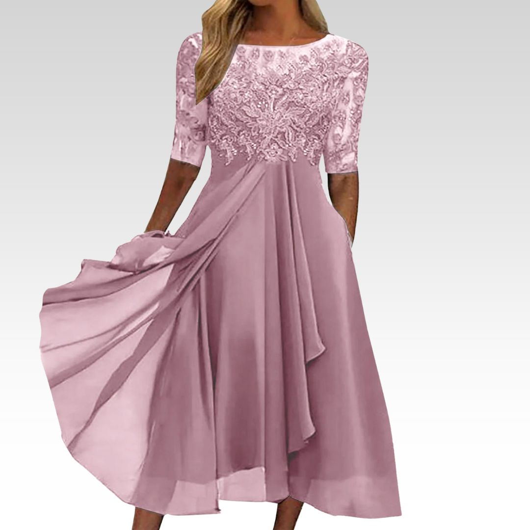 Women’s lace midi dress with A-line tummy-cover fit, 3/4 sleeves, and flowing skirt for comfort and timeless style.