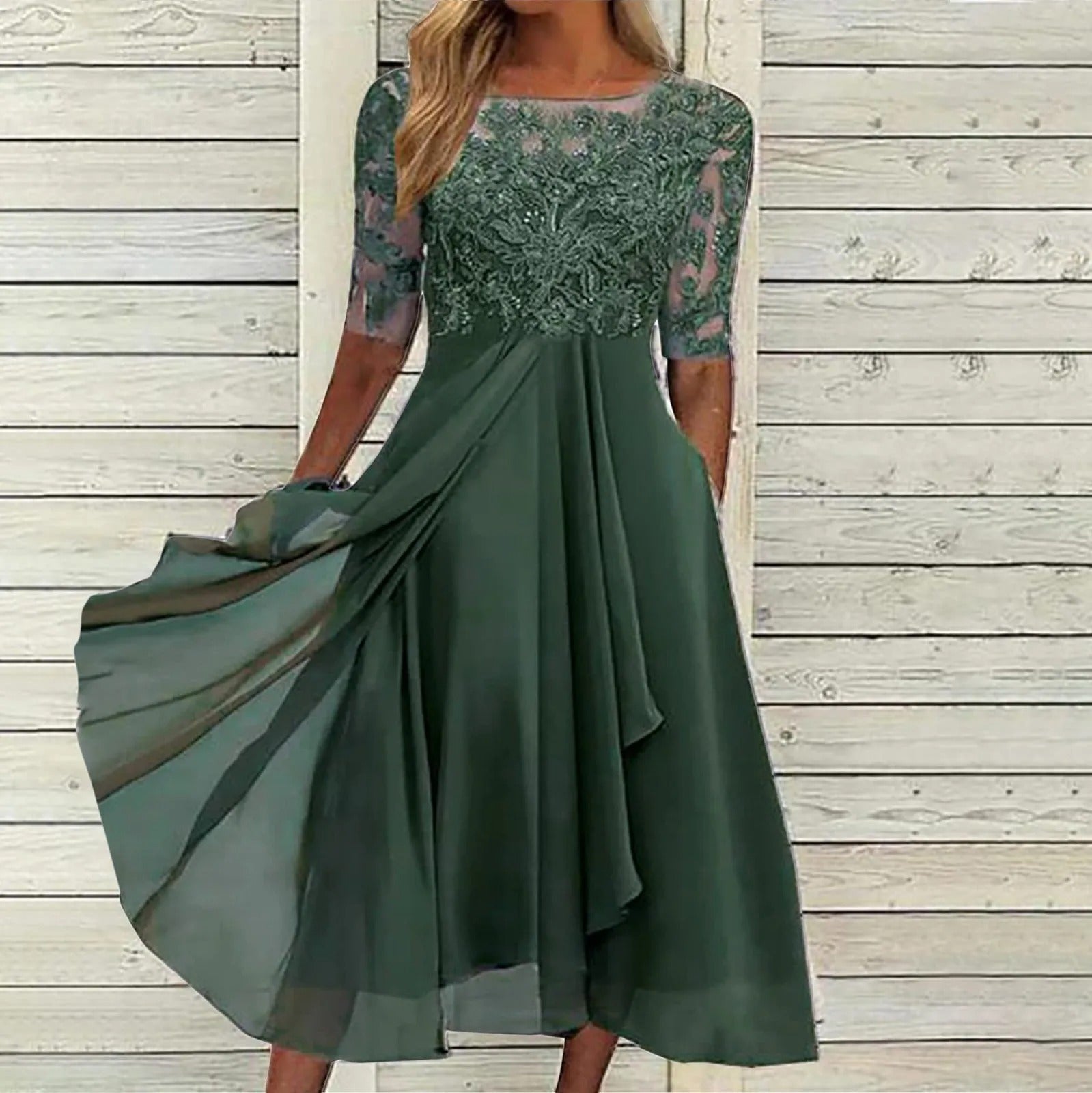 Women’s lace midi dress with A-line tummy-cover fit, 3/4 sleeves, and flowing skirt for comfort and timeless style.