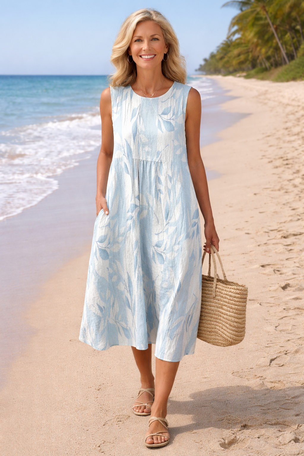 Women’s midi dress with a subtle leaf print and relaxed silhouette designed for lightweight and comfortable everyday wear.