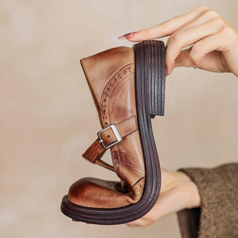 Women’s leather Mary Jane shoes with strap and cushioned sole designed for comfortable everyday walking.