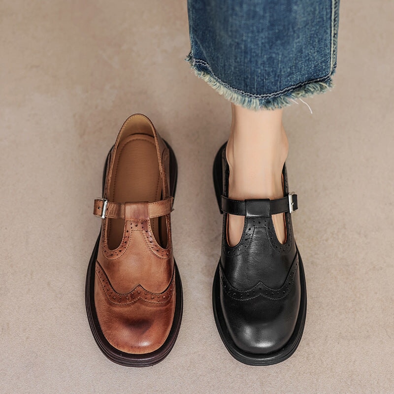 Women’s leather Mary Jane shoes with strap and cushioned sole designed for comfortable everyday walking.