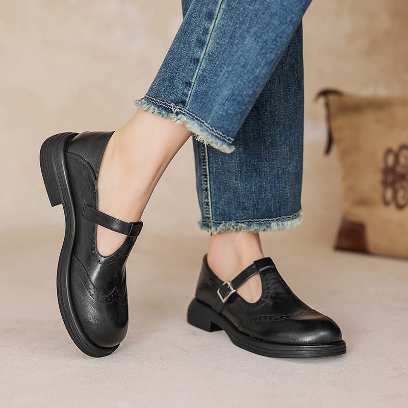 Women’s leather Mary Jane shoes with strap and cushioned sole designed for comfortable everyday walking.