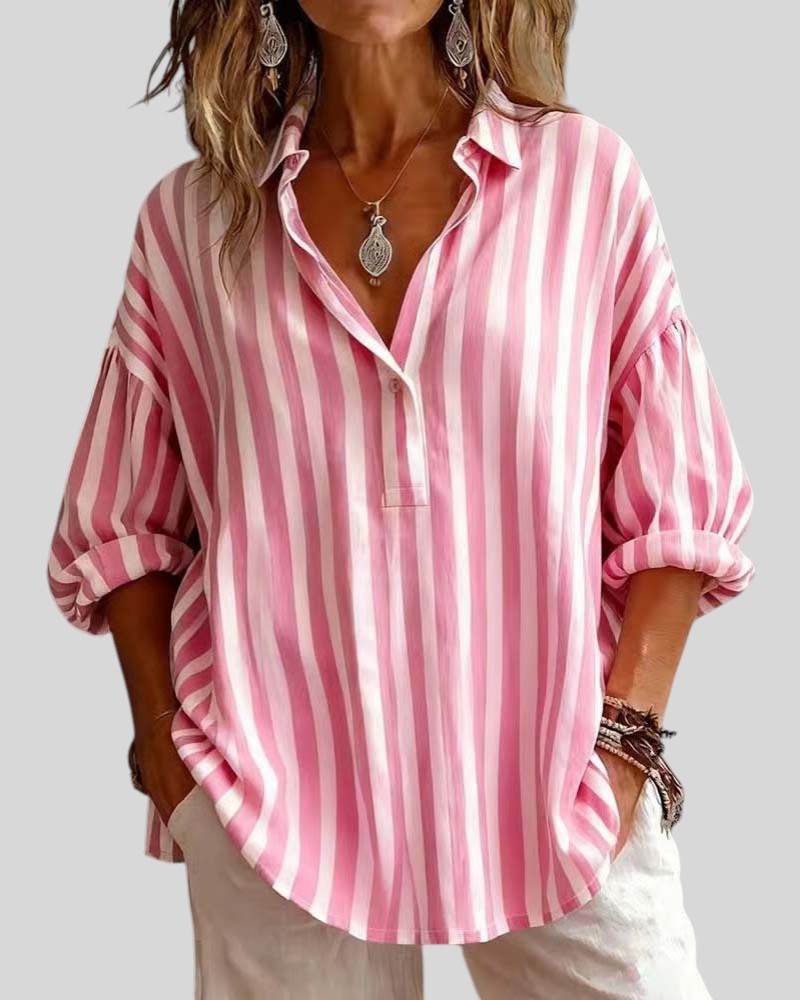 Women’s loose striped blouse with collar, relaxed fit, breathable fabric, and timeless vertical stripes for casual and versatile styling.