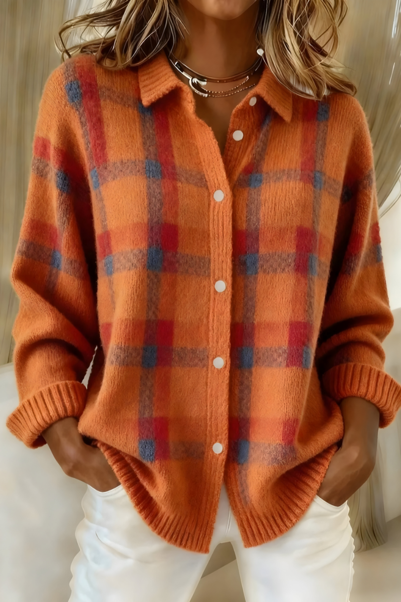 Women’s soft knit plaid cardigan with relaxed fit, perfect for layering or casual wear.