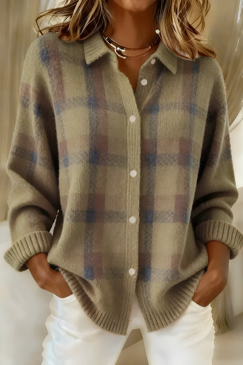 Women’s soft knit plaid cardigan with relaxed fit, perfect for layering or casual wear.