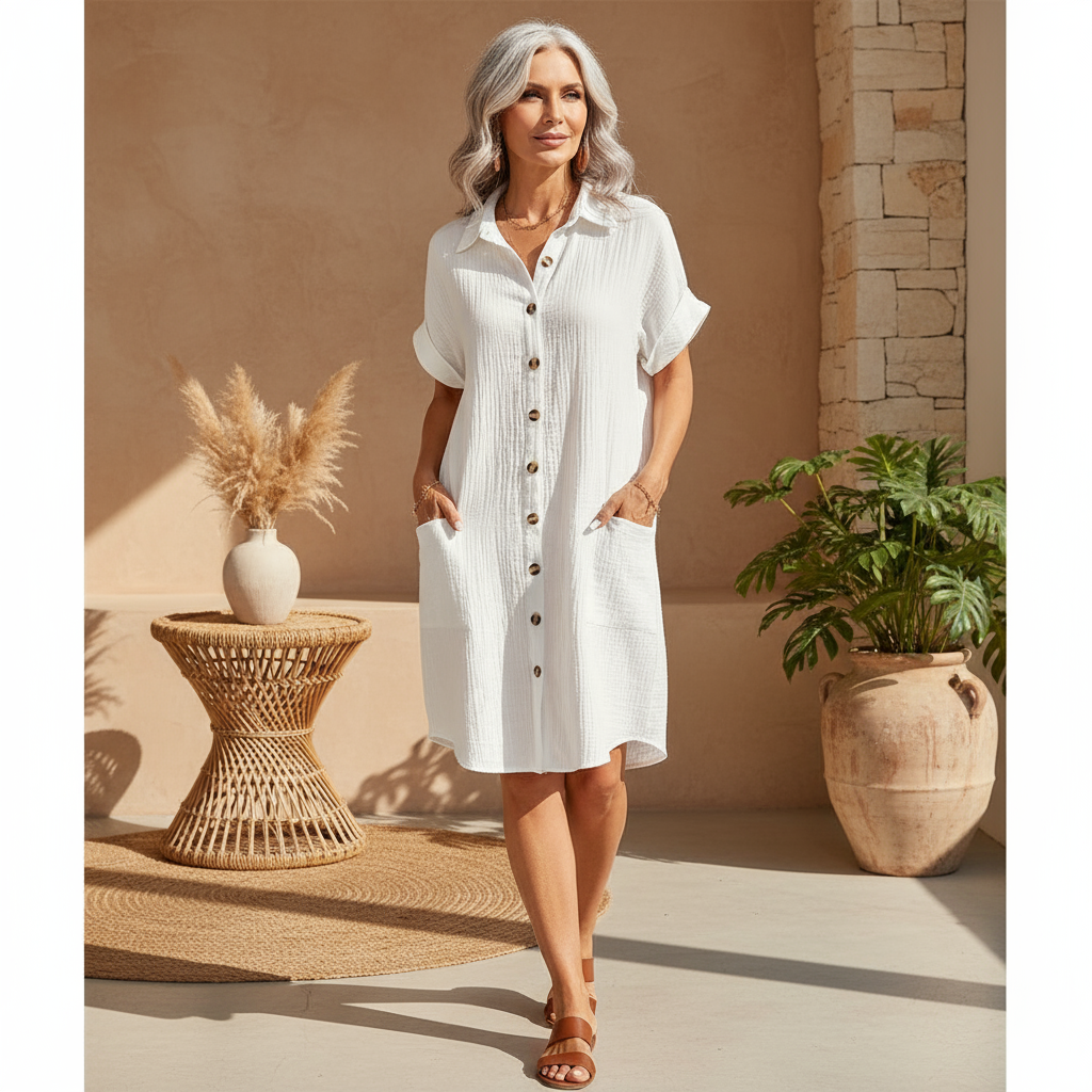 Women’s casual polo dress with collared neckline, breathable fabric, and functional pockets for everyday wear.