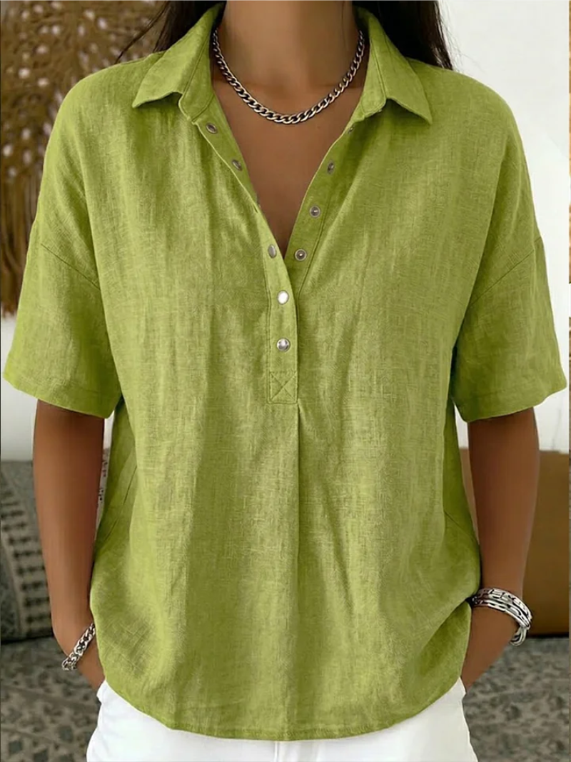 Women’s summer blouse with classic collar, button placket, and relaxed fit, ideal for casual and versatile summer styling.