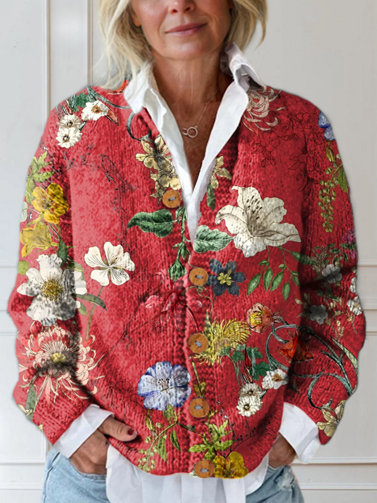 Women wearing a soft knit floral open-front cardigan