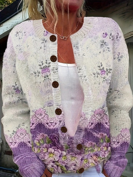Women wearing a soft knit floral open-front cardigan