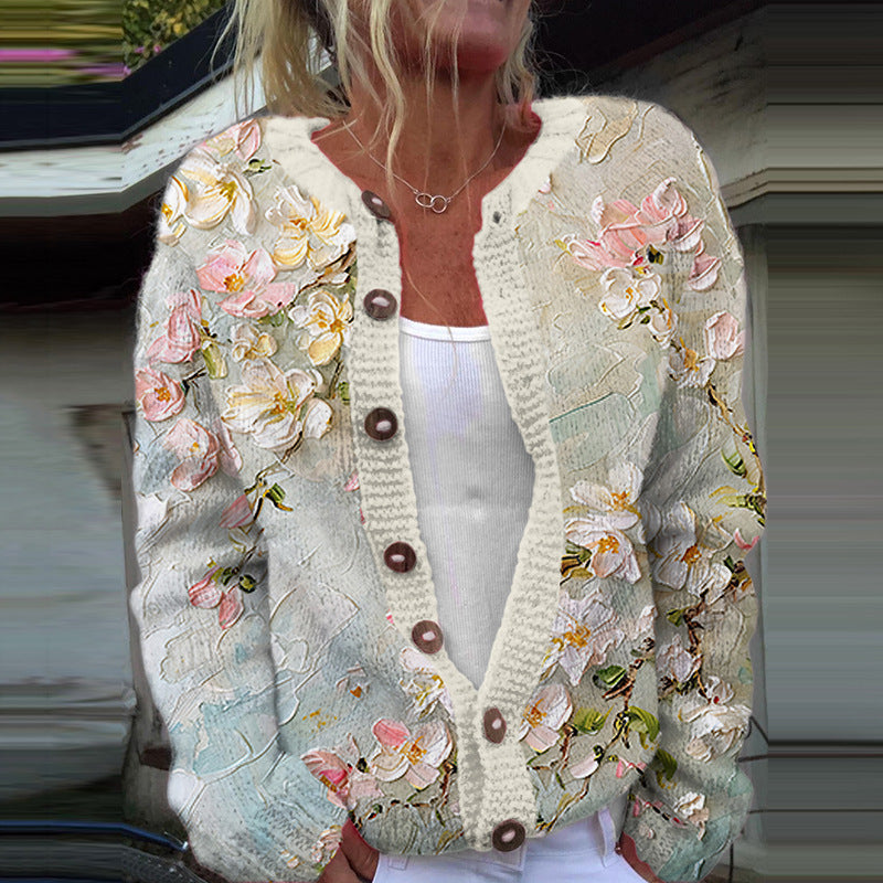 Women wearing a soft knit floral open-front cardigan