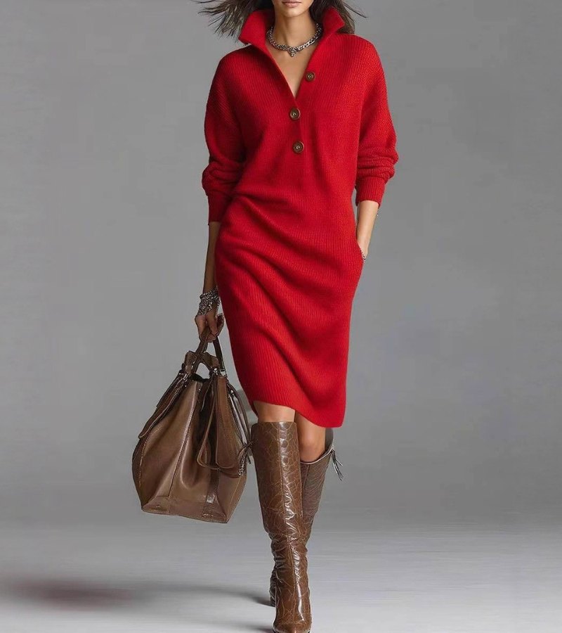 Woman wearing a soft knit long sleeve dress with high collar and side pockets