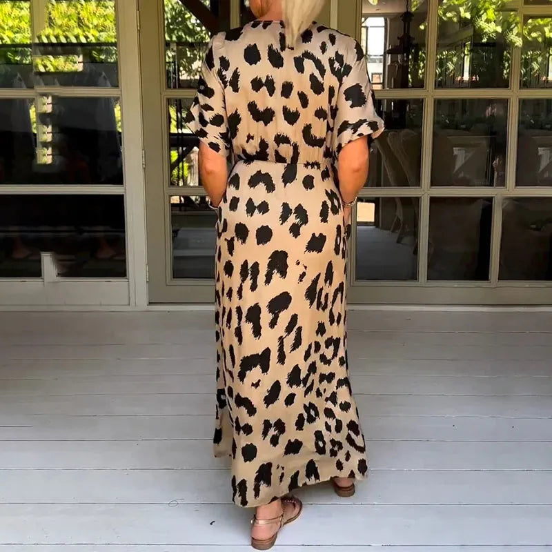 leopard print v neck flowy maxi dress women casual summer style