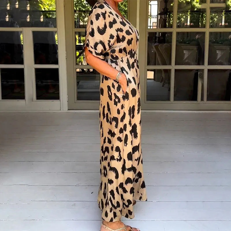 leopard print v neck flowy maxi dress women casual summer style