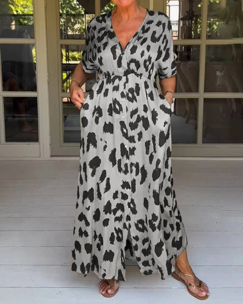 leopard print v neck flowy maxi dress women casual summer style