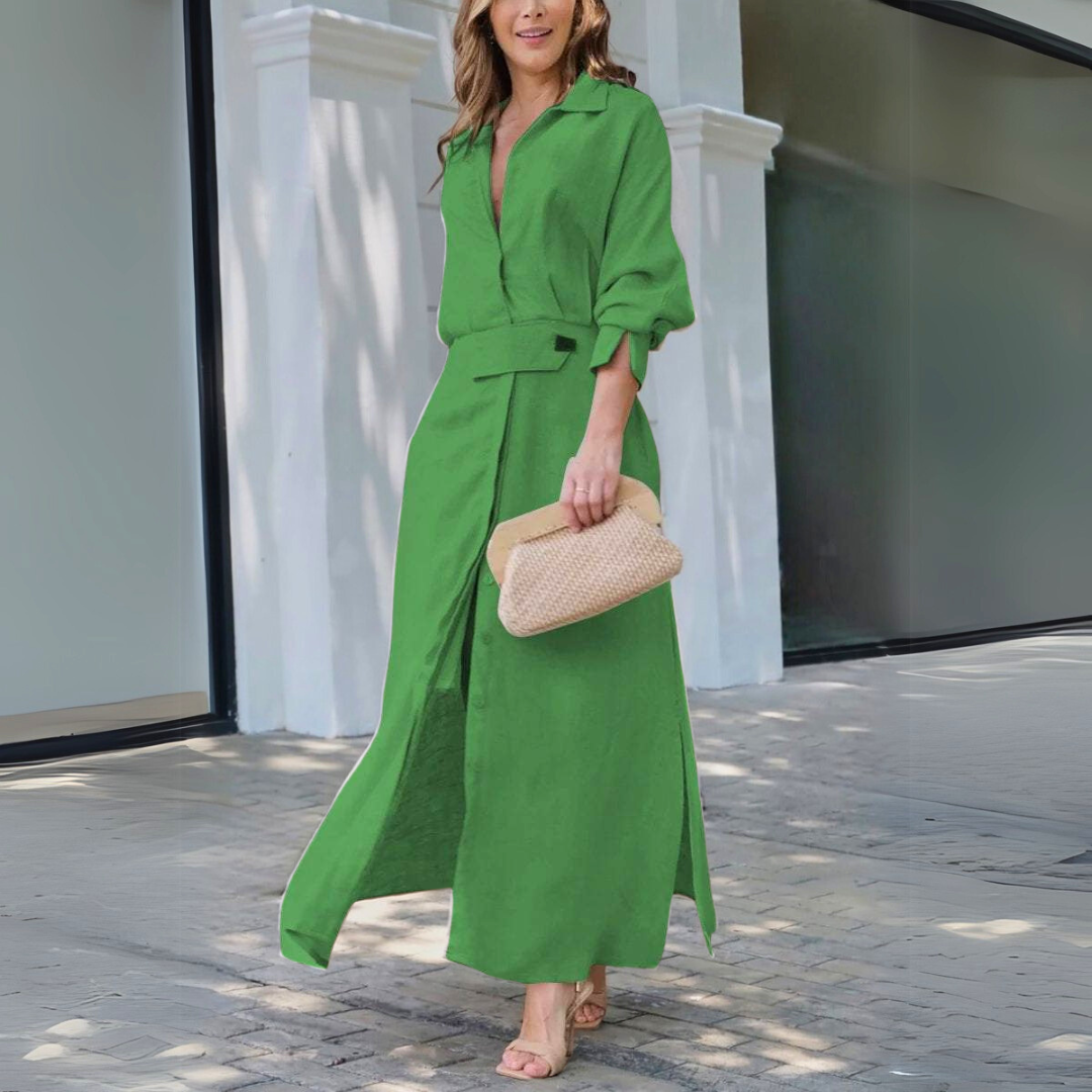 Women wearing a breathable linen V-neck maxi dress for summer