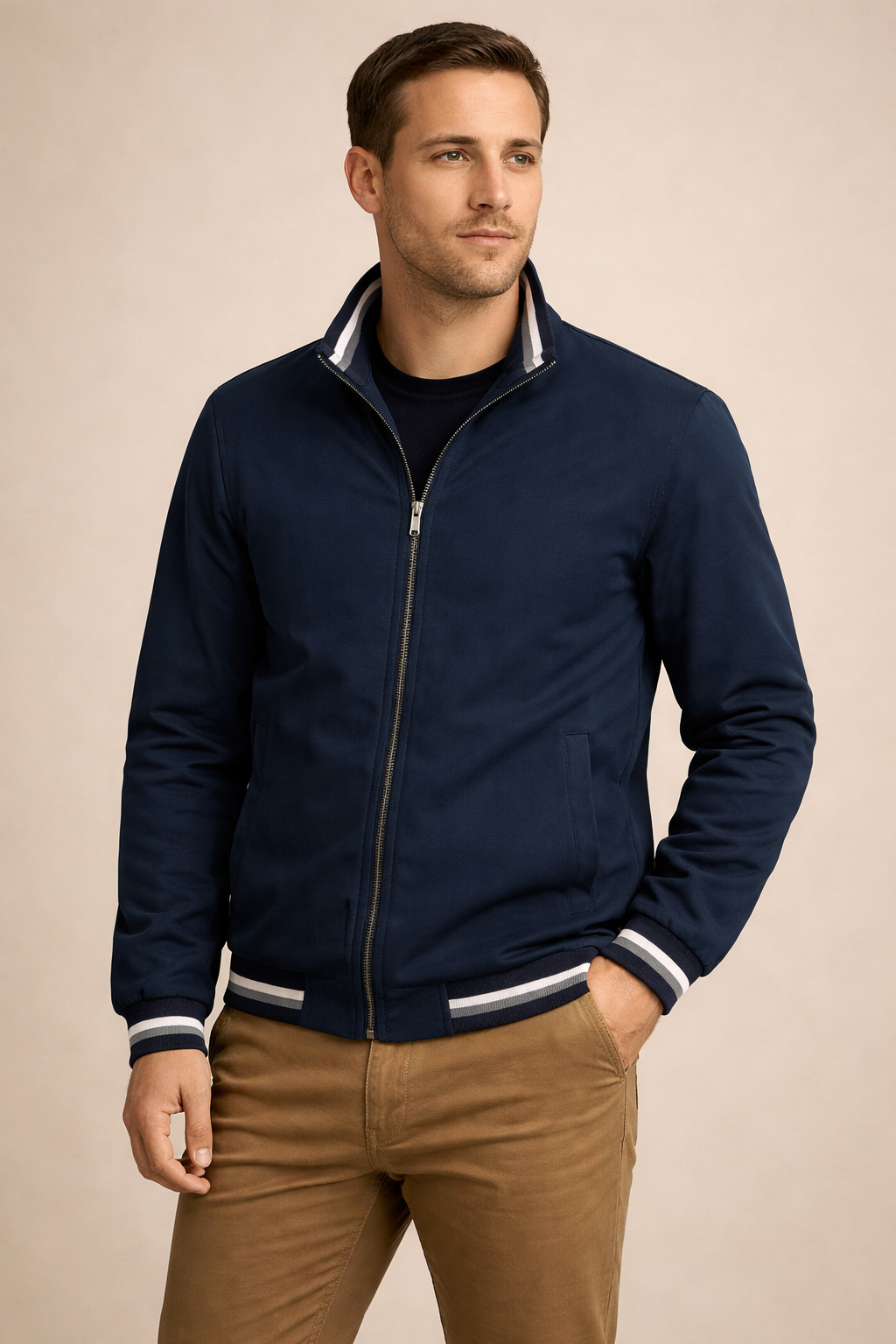 Man wearing a navy bomber jacket with white trim on a beige background