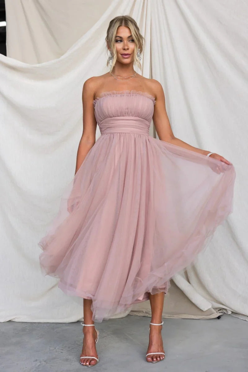 Women’s strapless maxi dress with tulle overlay and padded bust