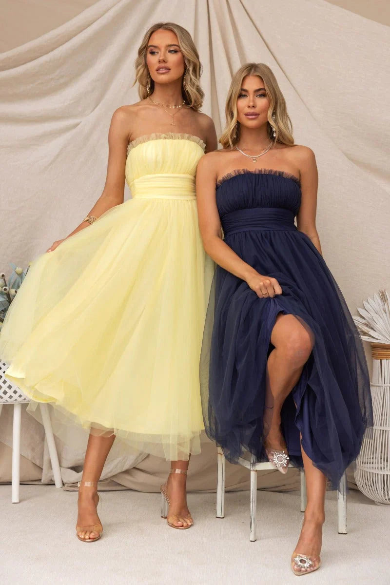 Women’s strapless maxi dress with tulle overlay and padded bust