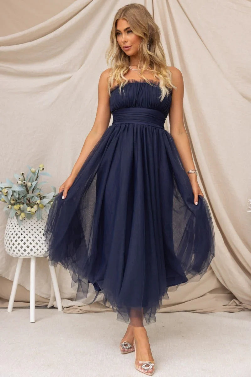 Women’s strapless maxi dress with tulle overlay and padded bust