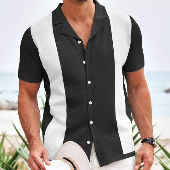 Men’s slim fit polo shirt with vertical contrast panels, button placket, and structured collar for casual summer wear