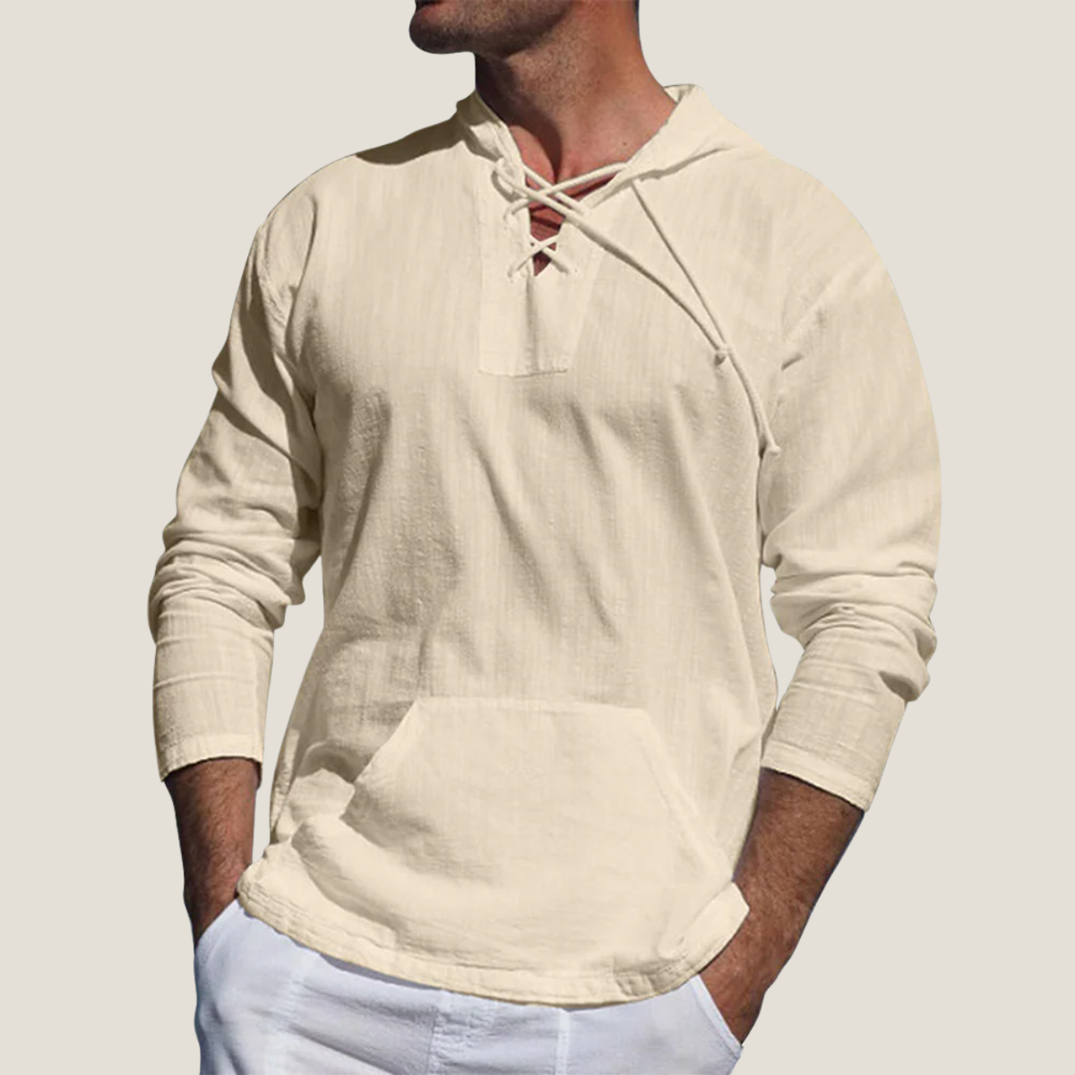 Men linen blend hooded pullover top with lace up V-neck and kangaroo pocket for casual wear