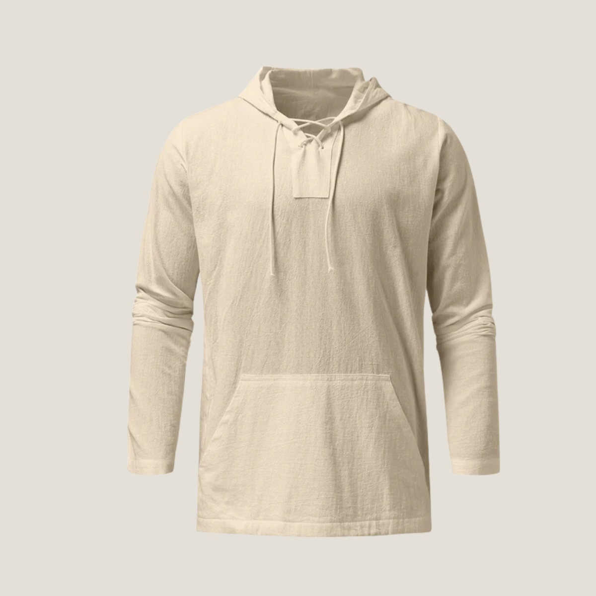 Men linen blend hooded pullover top with lace up V-neck and kangaroo pocket for casual wear