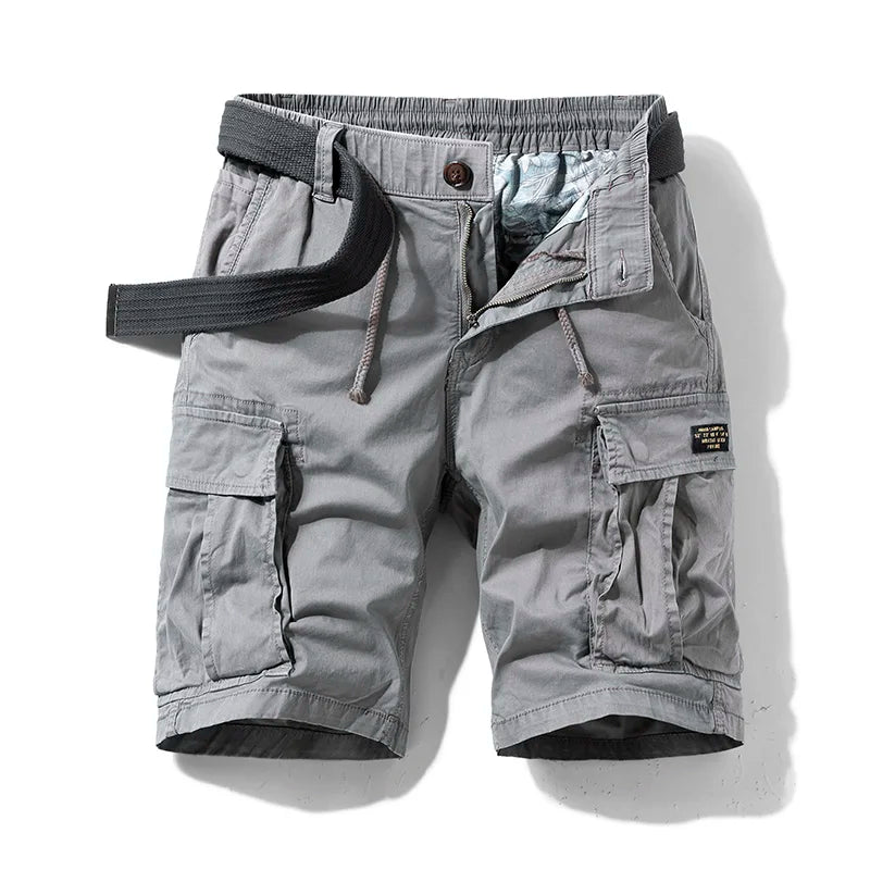 Men’s cargo shorts with belt drawstring waistband and large side pockets for casual and utility summer wear