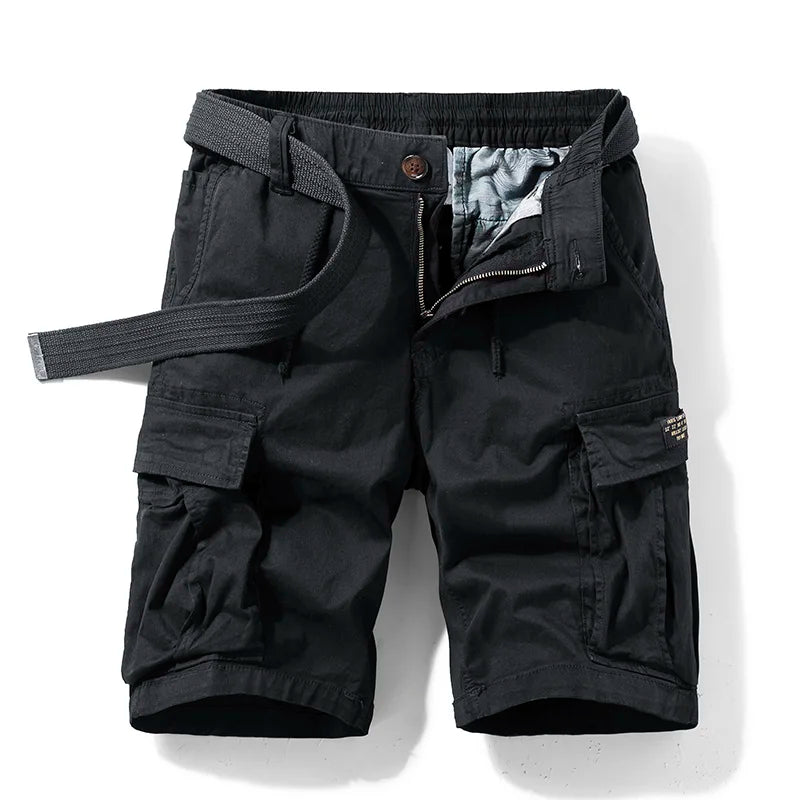 Men’s cargo shorts with belt drawstring waistband and large side pockets for casual and utility summer wear