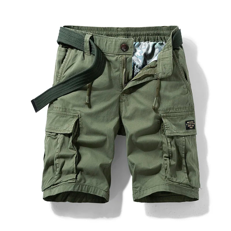 Men’s cargo shorts with belt drawstring waistband and large side pockets for casual and utility summer wear