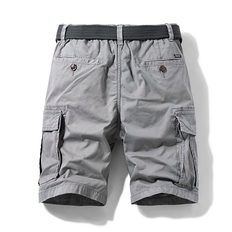 Men’s cargo shorts with belt drawstring waistband and large side pockets for casual and utility summer wear