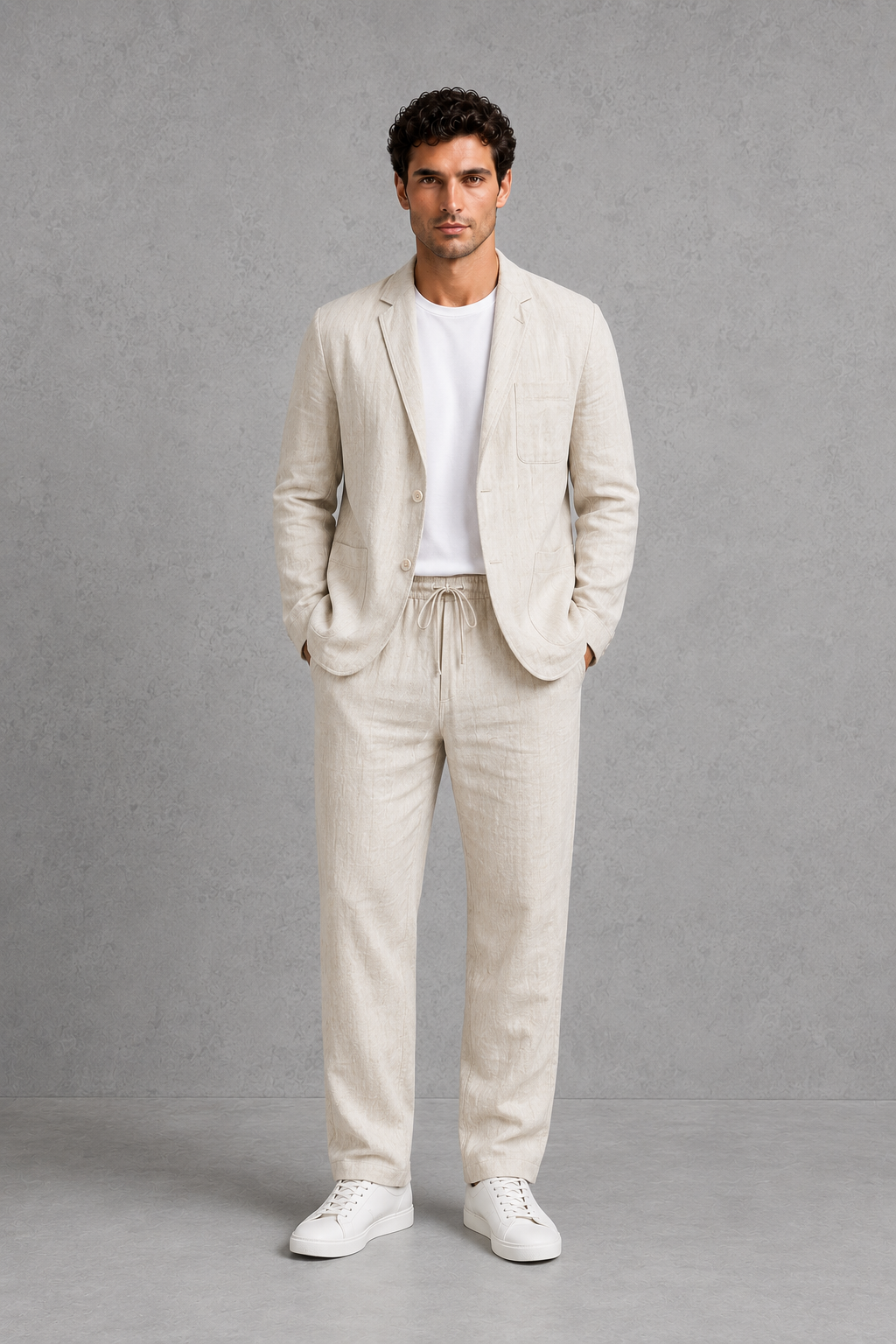 Men’s cotton-linen blend suit set featuring a relaxed tailored blazer and matching drawstring trousers.