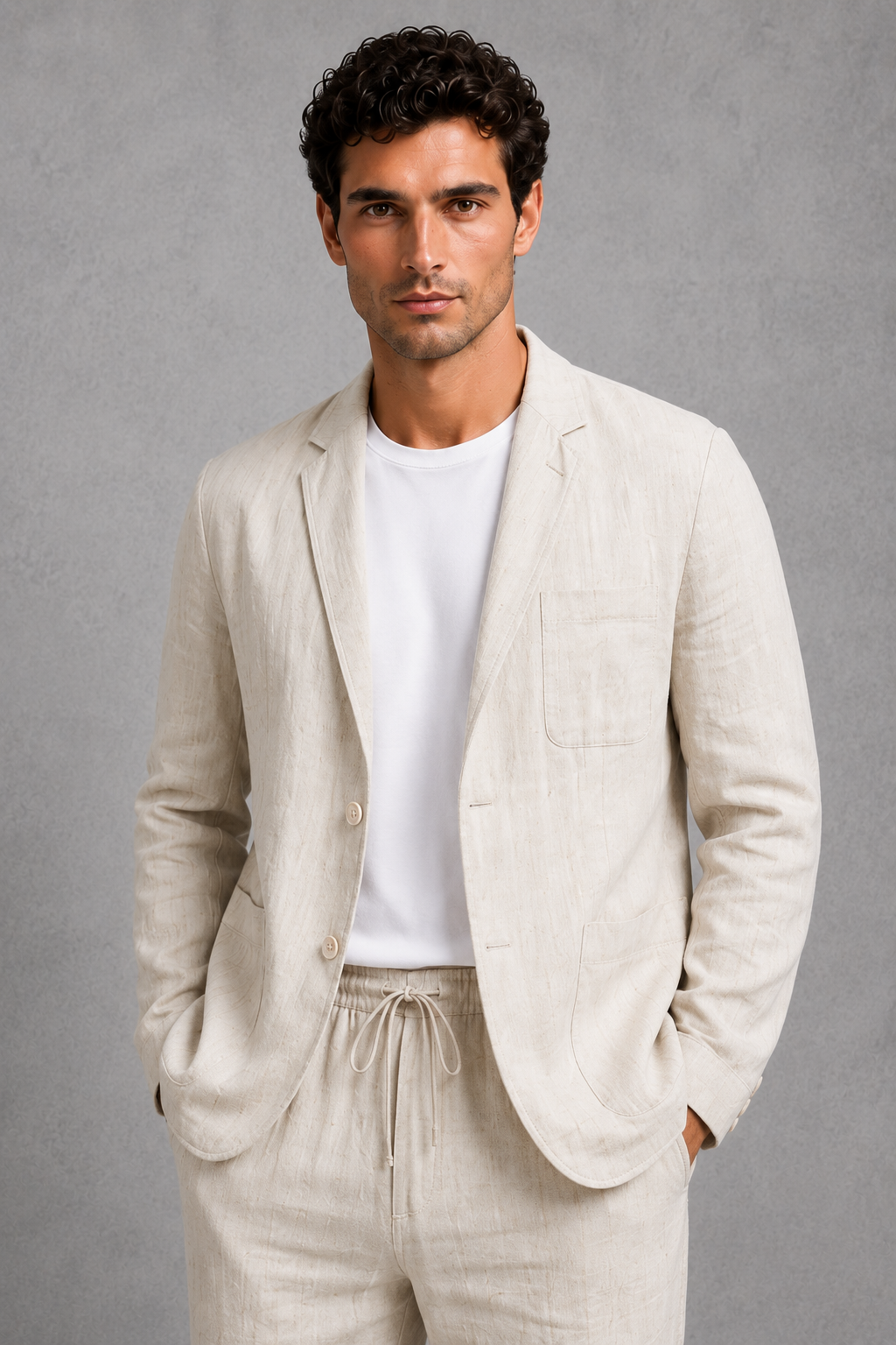 Men’s cotton-linen blend suit set featuring a relaxed tailored blazer and matching drawstring trousers.