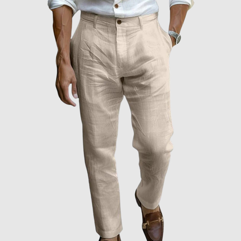 Men’s cotton linen straight leg ankle length pants with button fly