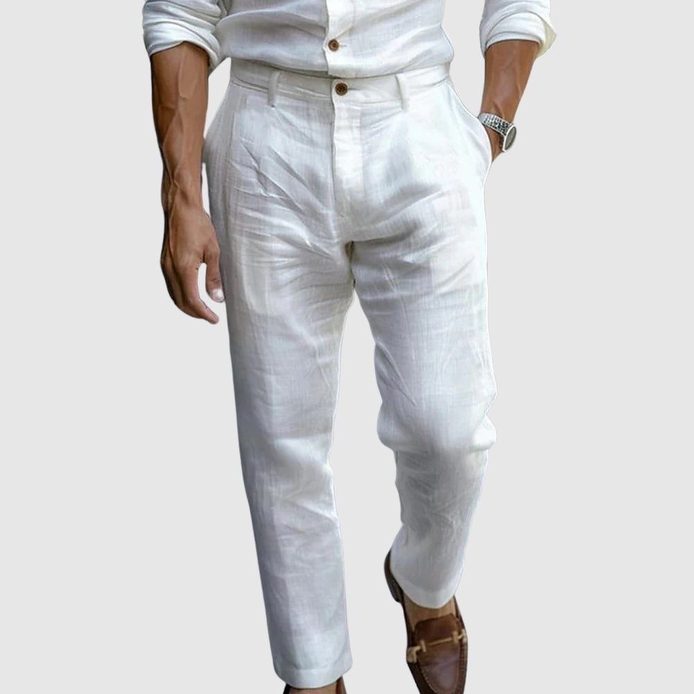 Men’s cotton linen straight leg ankle length pants with button fly