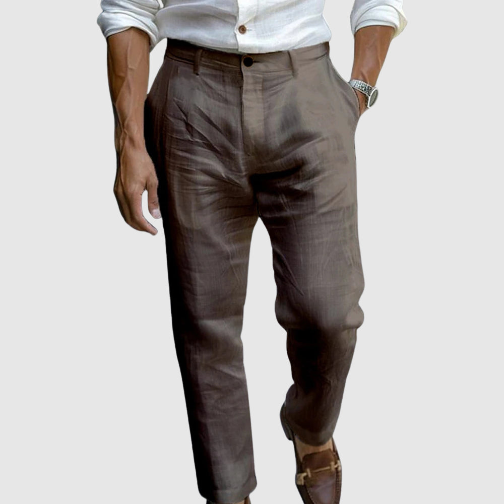 Men’s cotton linen straight leg ankle length pants with button fly