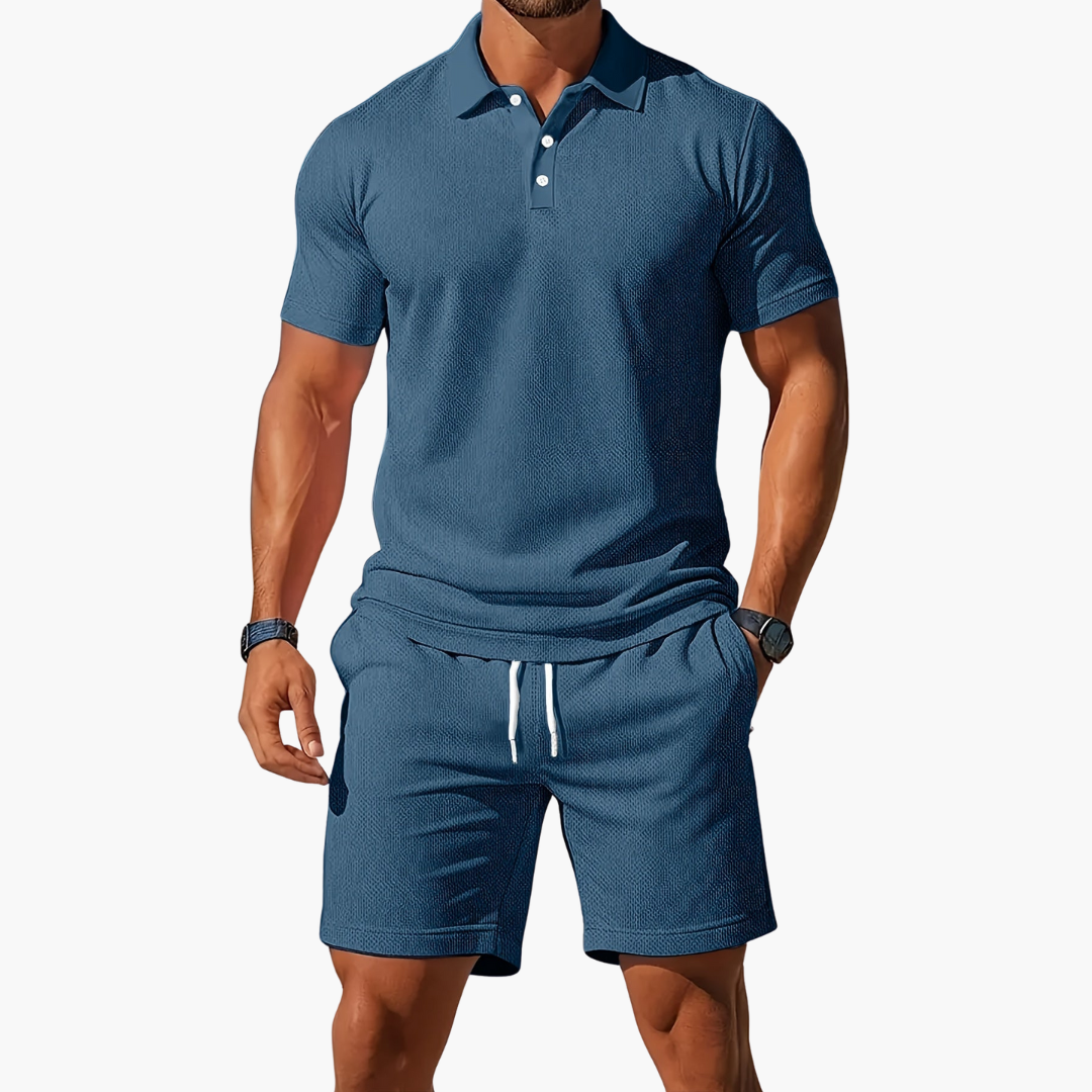 Men's cotton polo shirt and drawstring shorts summer set
