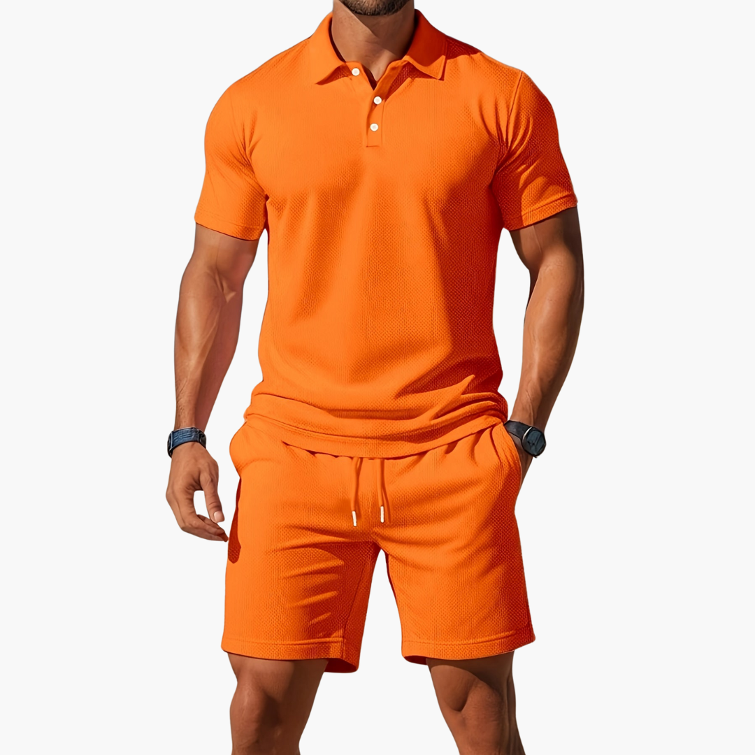 Men's cotton polo shirt and drawstring shorts summer set